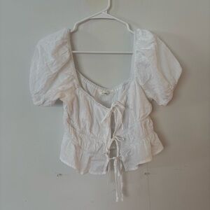 glassons white puff sleeve ruffle bow tie front boho princess crop blouse top🤍